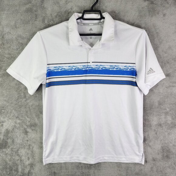 Men's Adidas Chest Print Golf Polo Shirt ADVR0821 White / Glory Blue Size L - Picture 2 of 10